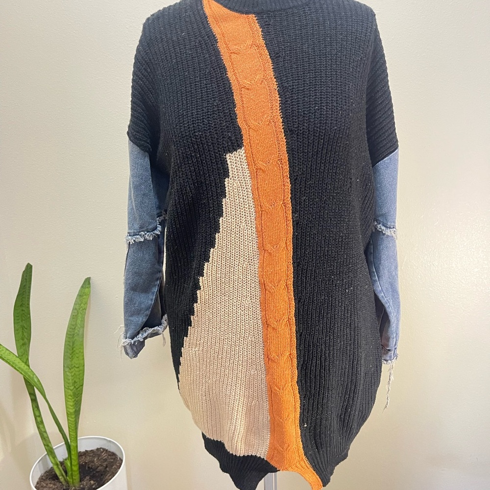 Colorblock Sweater with Denim Sleeves